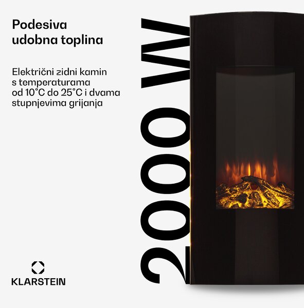 Klarstein Lamington, električni kamin, 2000 W, LED plamen, grijač na topli zrak, timer, rasvjeta