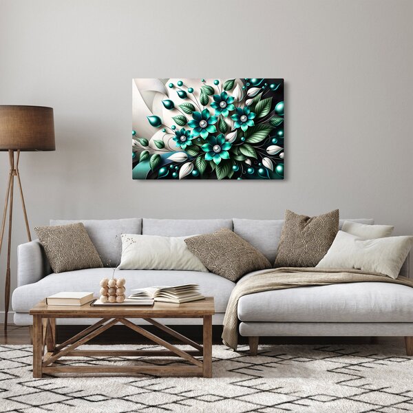 Slika - 3D tirkizni cvjetovi (90x60 cm)