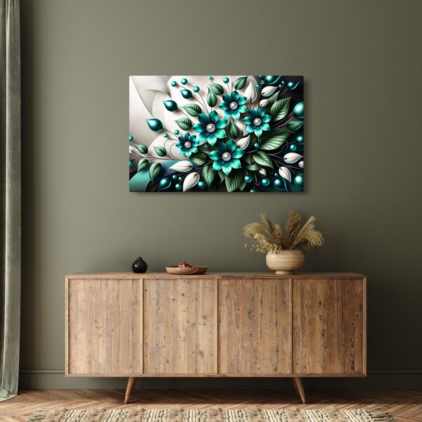 Slika - 3D tirkizni cvjetovi (90x60 cm)
