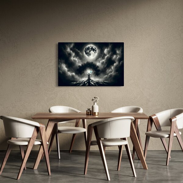 Slika – Crno-bijelo drvo u punom mjesecu (90x60 cm)