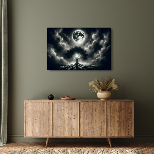 Slika – Crno-bijelo drvo u punom mjesecu (90x60 cm)