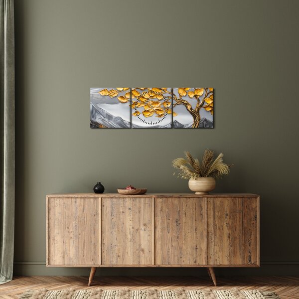 Slika – Drvo sa zlatnim lišćem (sa satom) (90x30 cm)