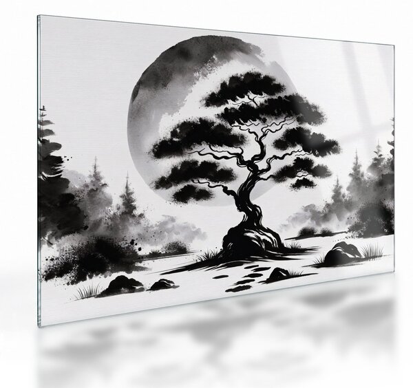 Staklena slika – Crno-bijeli bonsai (70x50 cm)