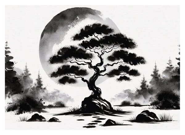Staklena slika – Crno-bijeli bonsai (70x50 cm)