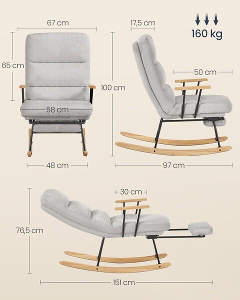 Stolica za ljuljanje nosivost do 160 kg, 97 × 67 × 100 cm, siva | VASHOME