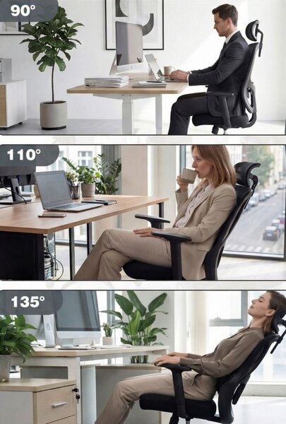 Ergonomska uredska stolica s podesivim naslonom za glavu i lumbalnom potporom, stolica za pisanje, crna