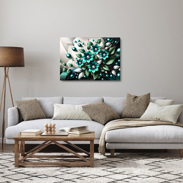 Staklena slika - 3D tirkizni cvjetovi (70x50 cm)