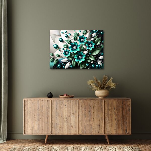 Slika - 3D tirkizni cvjetovi (70x50 cm)