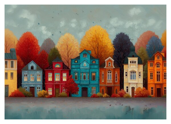 Staklena slika - Oslikani jesenski grad (70x50 cm)