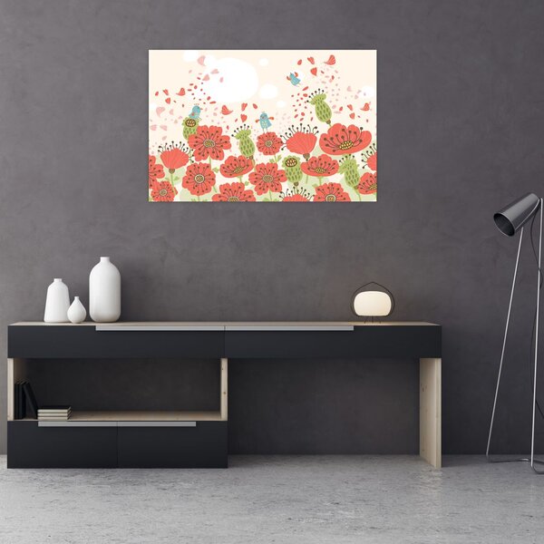 Slika - Ptice na cvetočem travniku (90x60 cm)