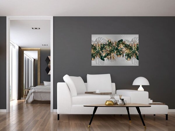 Slika - Zlato zeleni tropski listi (90x60 cm)