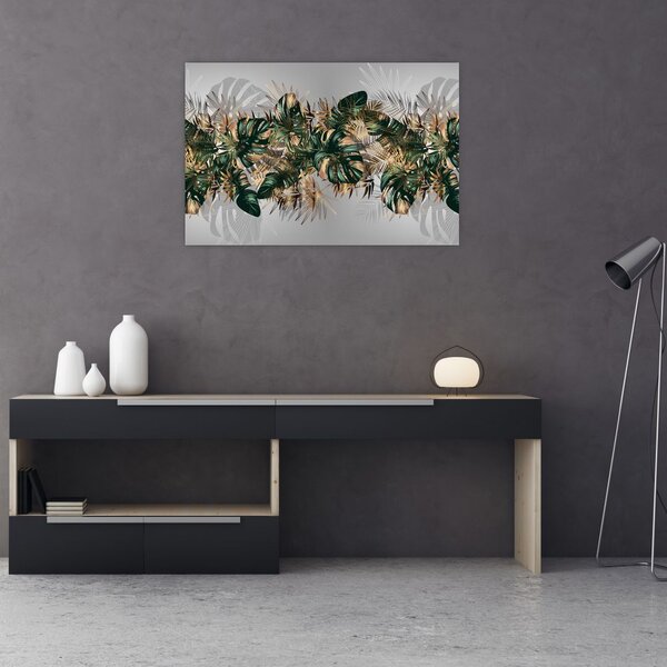 Slika - Zlato zeleni tropski listi (90x60 cm)