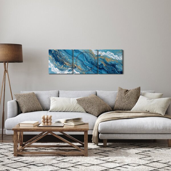 Slika - Svijetloplavi mramor sa zlatom II. (sa satom) (90x30 cm)