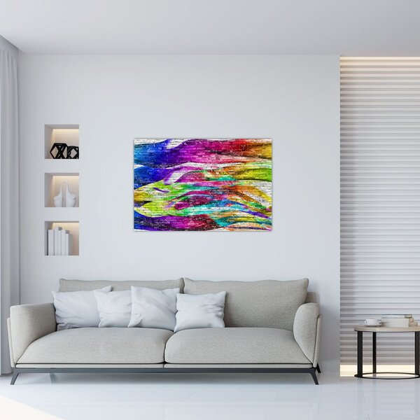 Slika - Opečna stena s pisanimi plameni (90x60 cm)