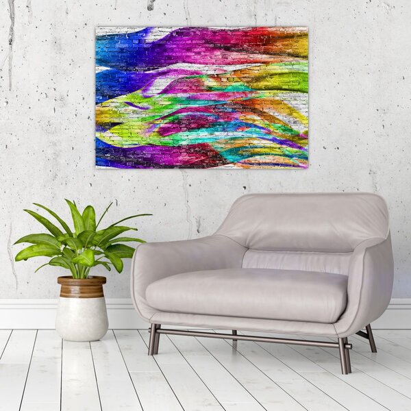 Slika - Opečna stena s pisanimi plameni (90x60 cm)