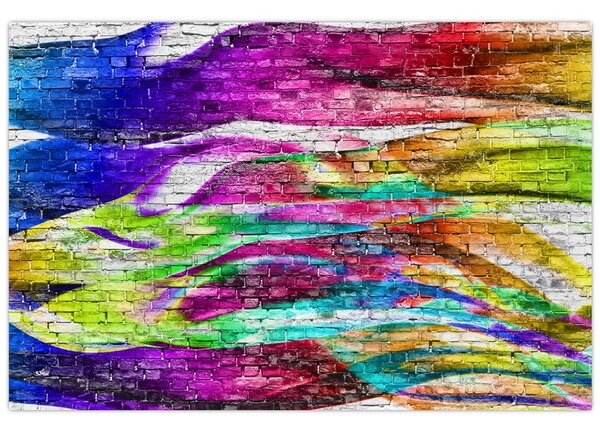 Slika - Opečna stena s pisanimi plameni (90x60 cm)