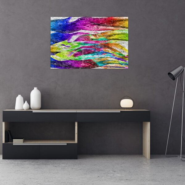 Slika - Opečna stena s pisanimi plameni (90x60 cm)