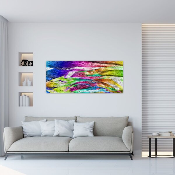 Slika - Opečna stena s pisanimi plameni (120x50 cm)