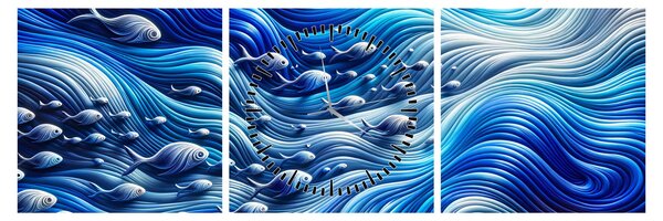 Slika – Ribe u valovima (sa satom) (90x30 cm)