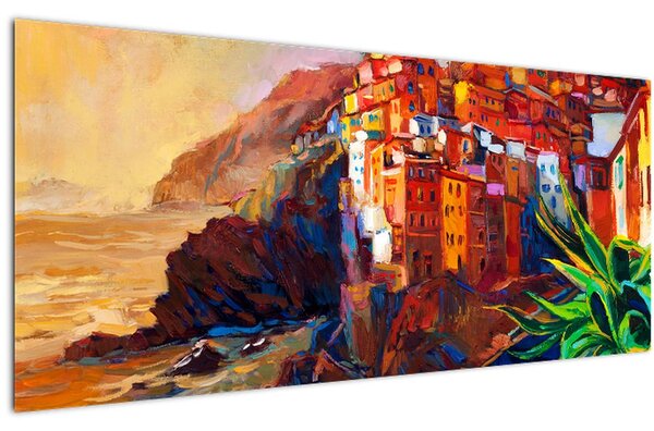 Slika - Vas na obali Cinque Terre, italijanska riviera, moderni impresionizem (120x50 cm)