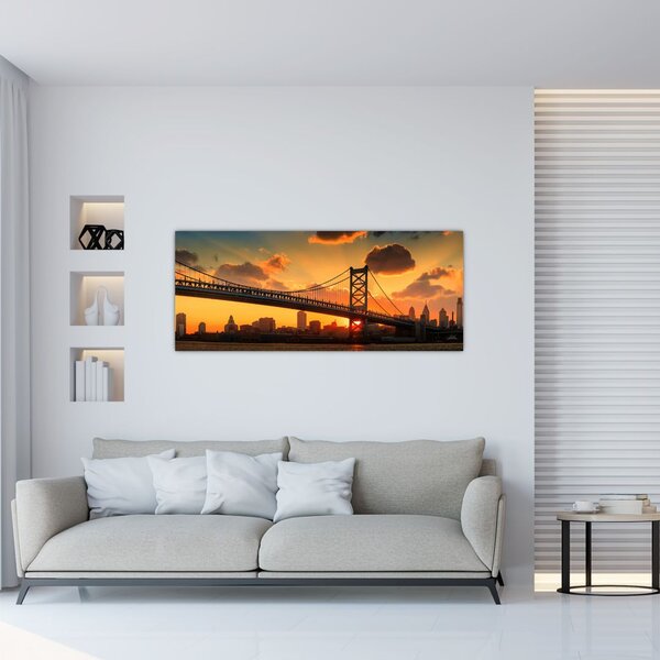 Slika - Sončni zahod nad mostom Bena Franklina, Filadelfija (120x50 cm)