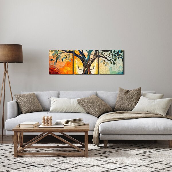 Slika – Mozaik – sunce i drvo I. (sa satom) (90x30 cm)
