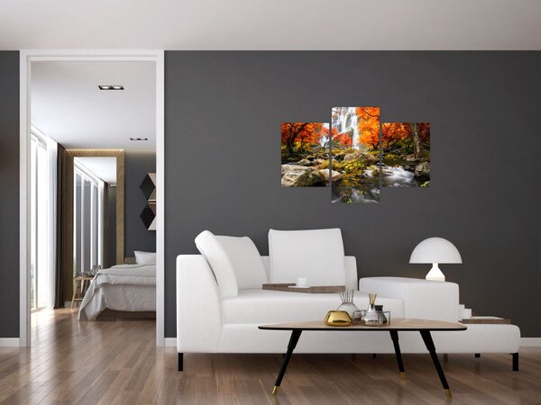 Slika - Slapovi v oranžnem gozdu (90x60 cm)