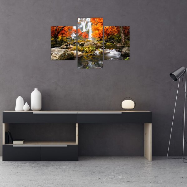 Slika - Slapovi v oranžnem gozdu (90x60 cm)