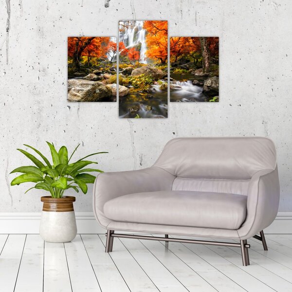 Slika - Slapovi v oranžnem gozdu (90x60 cm)