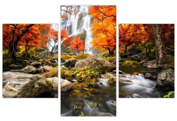 Slika - Slapovi v oranžnem gozdu (90x60 cm)