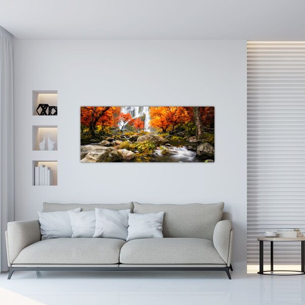 Slika - Slapovi v oranžnem gozdu (120x50 cm)
