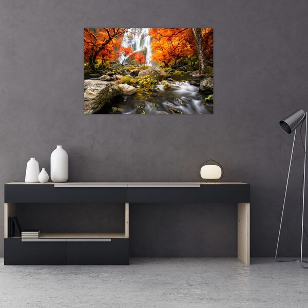 Slika - Slapovi v oranžnem gozdu (90x60 cm)