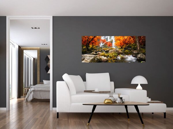 Slika - Slapovi v oranžnem gozdu (120x50 cm)