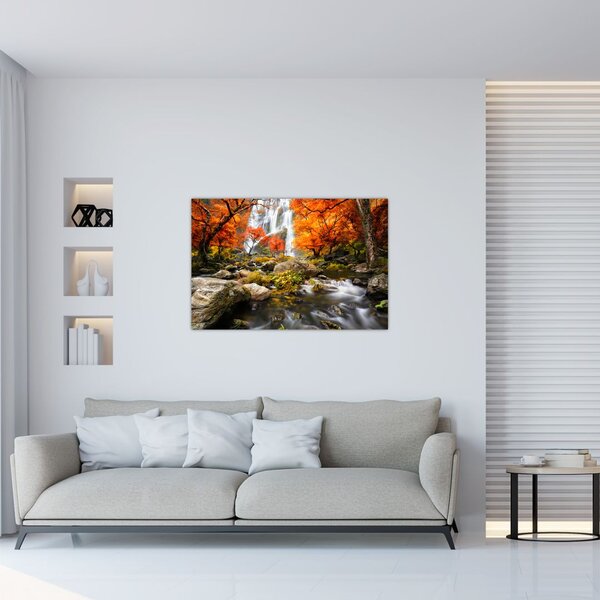 Slika - Slapovi v oranžnem gozdu (90x60 cm)