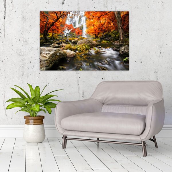 Slika - Slapovi v oranžnem gozdu (90x60 cm)