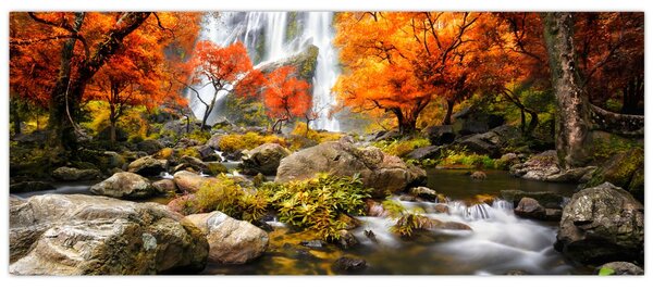 Slika - Slapovi v oranžnem gozdu (120x50 cm)