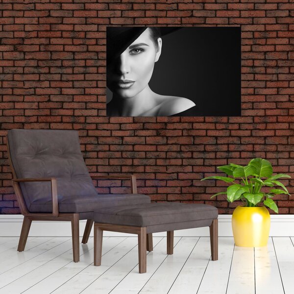 Slika - Črno-beli portret ženske s klobukom (90x60 cm)