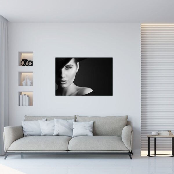 Slika - Črno-beli portret ženske s klobukom (90x60 cm)