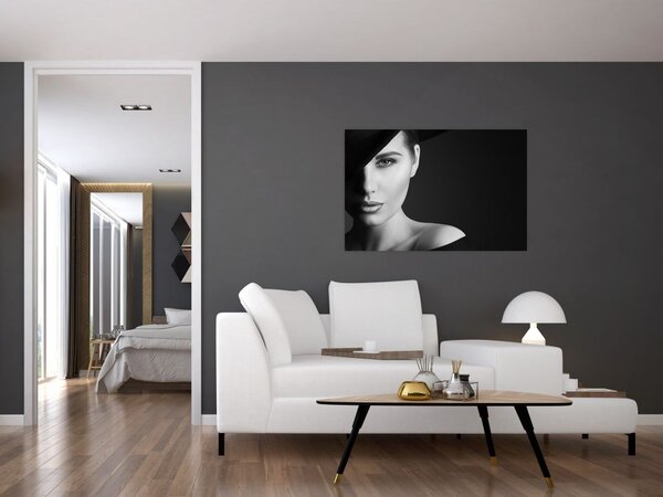 Slika - Črno-beli portret ženske s klobukom (90x60 cm)