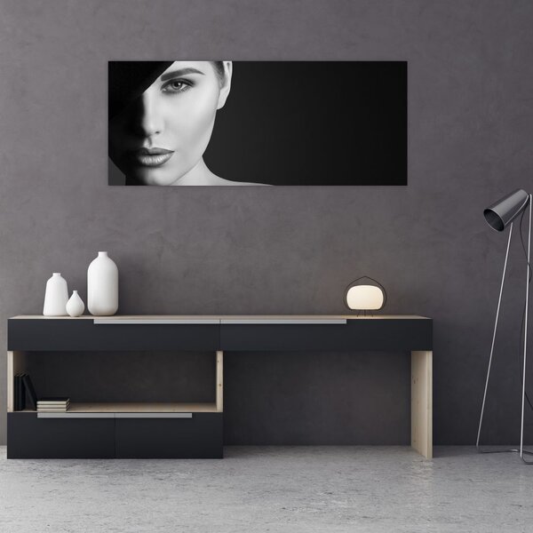 Slika - Črno-beli portret ženske s klobukom (120x50 cm)