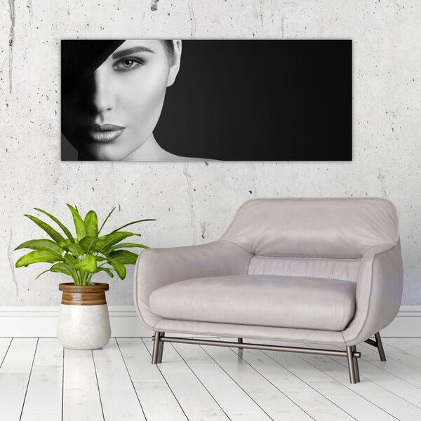 Slika - Črno-beli portret ženske s klobukom (120x50 cm)