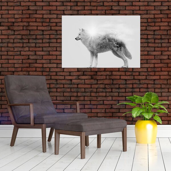 Slika - Arktični volk zrcali divjo pokrajino, črno-belo (90x60 cm)