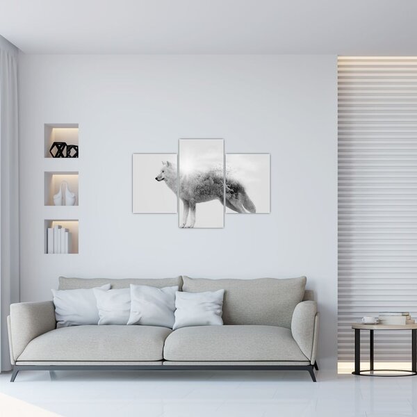 Slika - Arktični volk zrcali divjo pokrajino, črno-belo (90x60 cm)