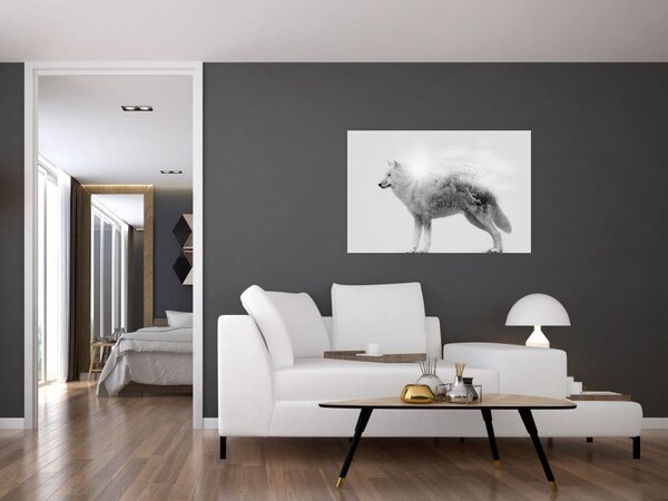 Slika - Arktični volk zrcali divjo pokrajino, črno-belo (90x60 cm)
