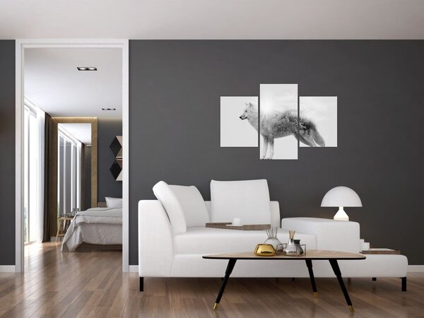 Slika - Arktični volk zrcali divjo pokrajino, črno-belo (90x60 cm)