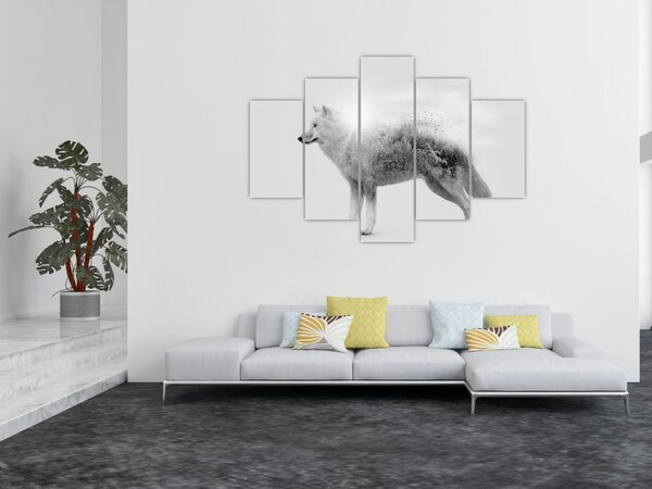 Slika - Arktični volk zrcali divjo pokrajino, črno-belo (150x105 cm)