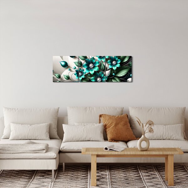 Slika - 3D tirkizni cvjetovi (sa satom) (90x30 cm)