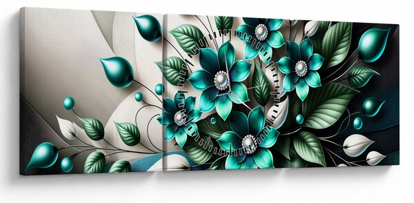Slika - 3D tirkizni cvjetovi (sa satom) (90x30 cm)