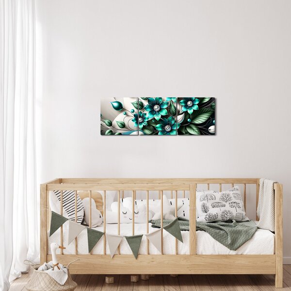 Slika - 3D tirkizni cvjetovi (sa satom) (90x30 cm)