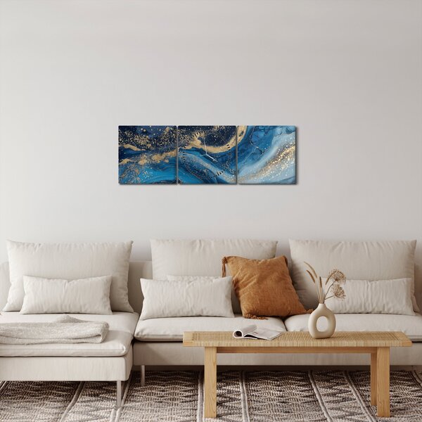Slika - Apstraktni plavo-zlatni mramor (sa satom) (90x30 cm)